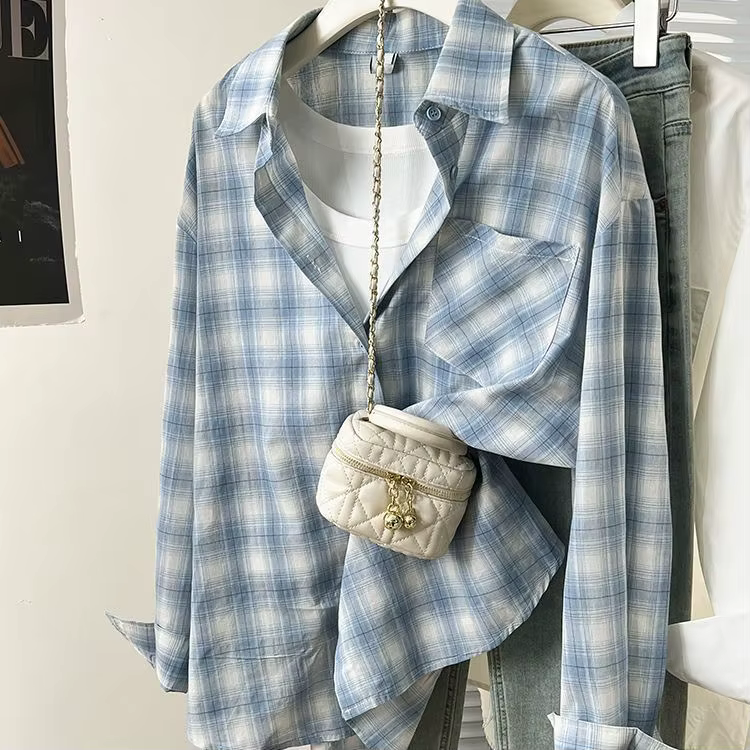 Chemise Femme à Carreaux Bleus Style Unique Français OOTD Printemps 2025 – Coupe Ample Polyvalente à