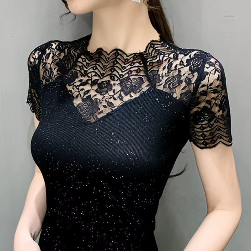 Été haut pour femme Patchwork soie brillante maille t-shirt Pathcwork manches courtes dentelle chemi