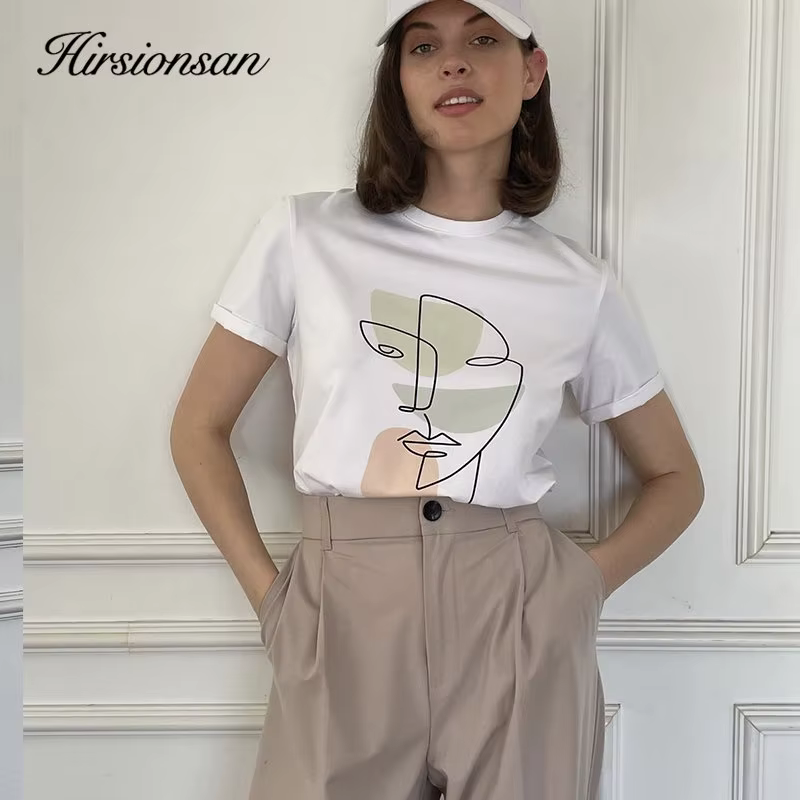 Hirsionsan – t-shirt col rond pour femme, estival et décontracté, avec impression abstraite, 100% co