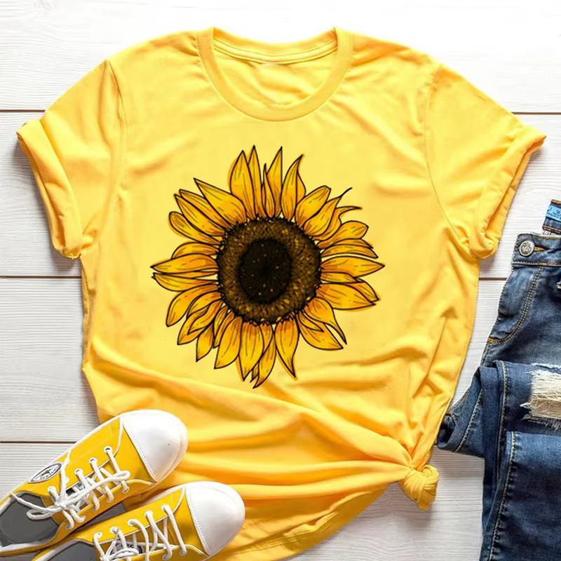 T-shirt jaune pour femmes, motif esthétique abeille et tournesol, chemise à manches courtes, t-shirt