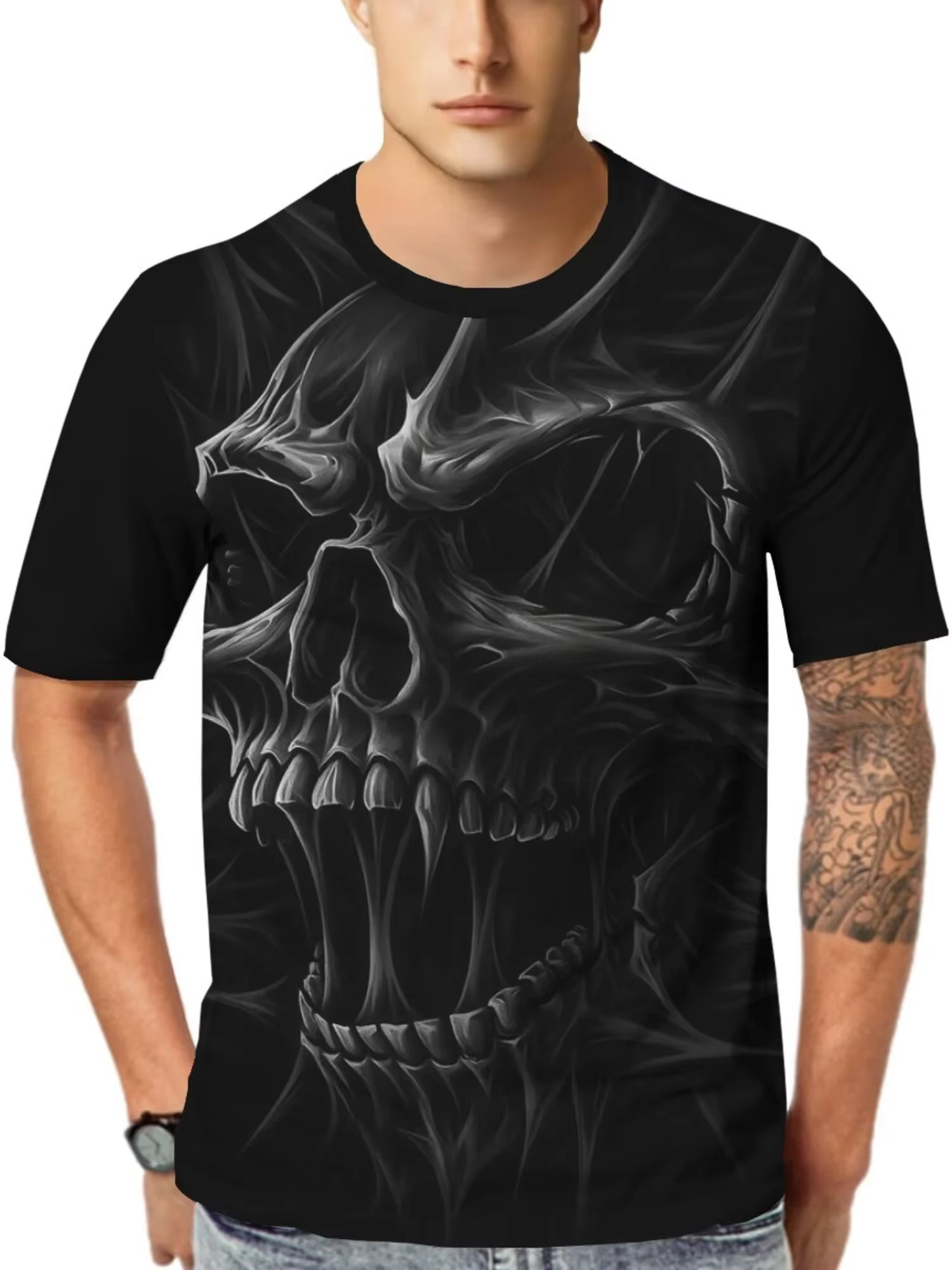 T-shirt tendance style urbain avec imprimé lune et loup hurlant, décontracté pour homme, streetwear 