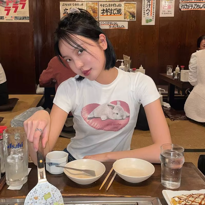Karr233-T-shirt à manches courtes avec lapin imprimé, streetwear doux, à la mode coréenne, kpop kawa