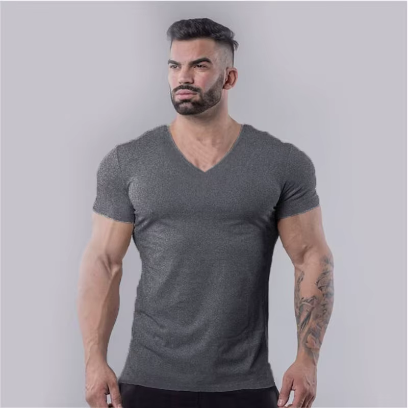 T-shirt de sport en coton uni pour hommes, vêtements de Fitness d'été, col en v, manches courtes, co
