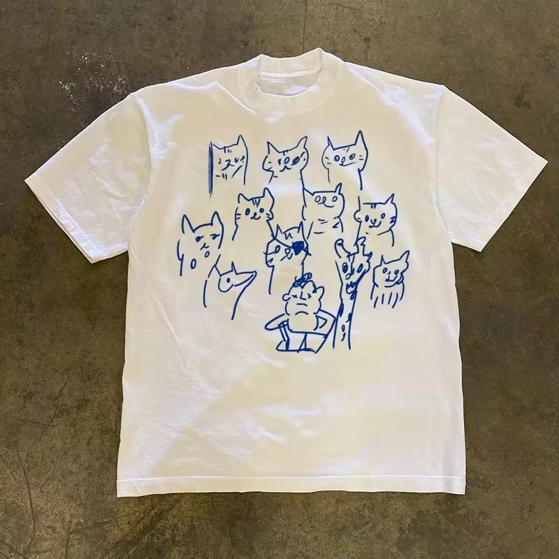 T-shirt pour homme, 100% coton, imprimé chat, coupe ample, simple, décontracté, confortable, tendanc