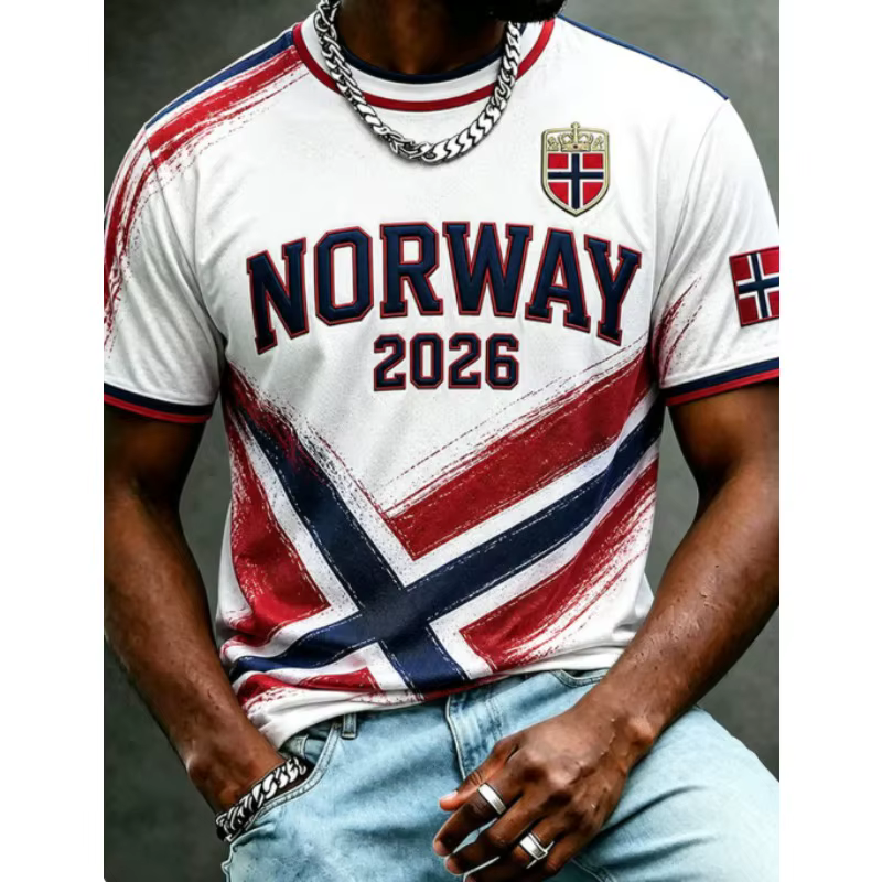 T-shirt de sport pour homme à manches courtes, style graffiti drapeau norvégien nordique, rouge, bla
