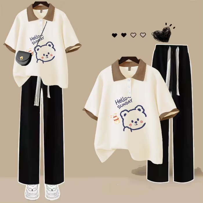 Mode col Polo à manches courtes T-shirt mignon ours en peluche haut ample femmes T-shirt décontracté
