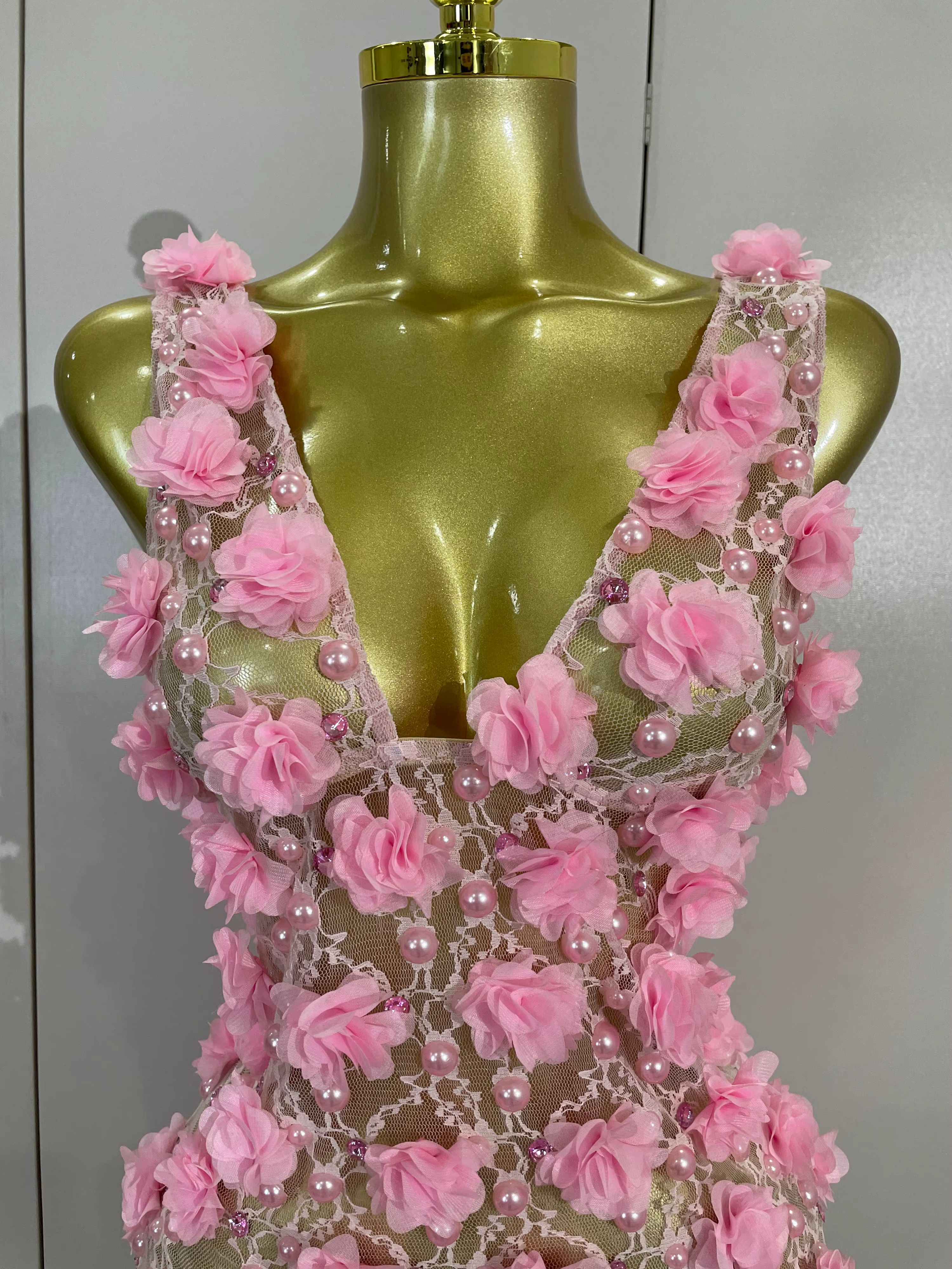 Robe de soirée pour femmes, robe de club, robe d'anniversaire, robe rose à fleurs en perles, robe en