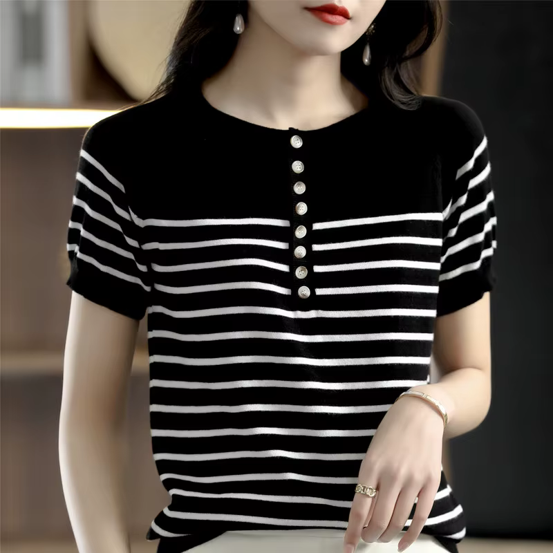 T-shirt 100% coton pour femmes, tricoté à rayures, manches courtes, décontracté, col rond, hauts bas