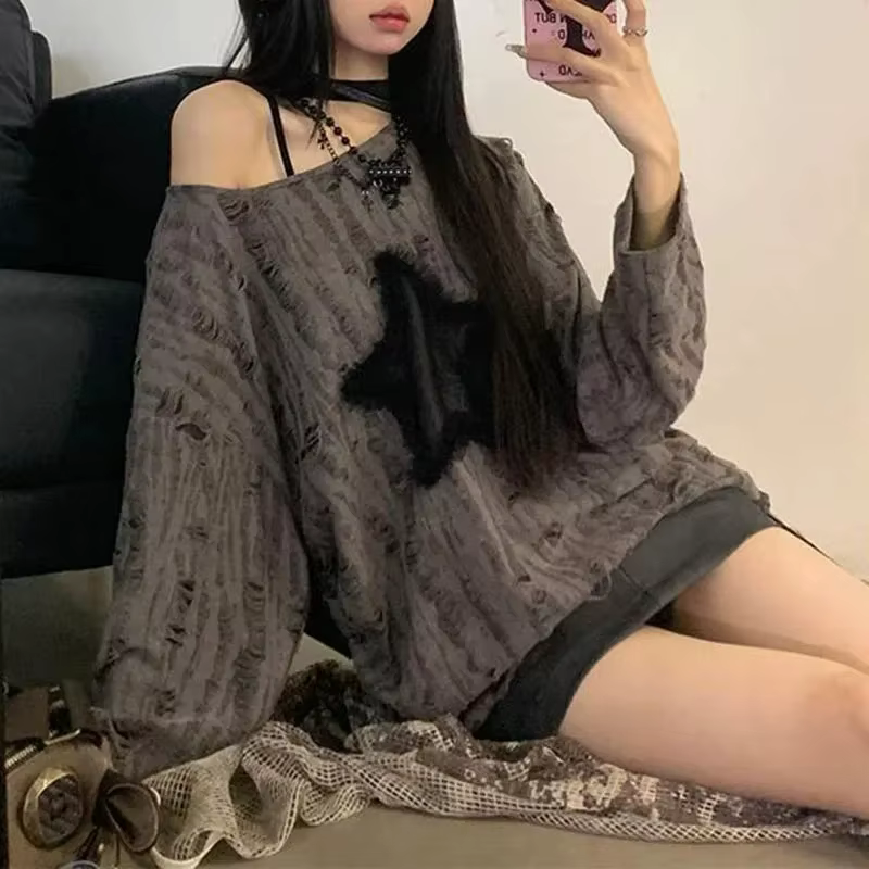 Y2K trou étoile imprimé T-Shirt femmes mode Streetwear épaules nues hauts été surdimensionné Kpop à