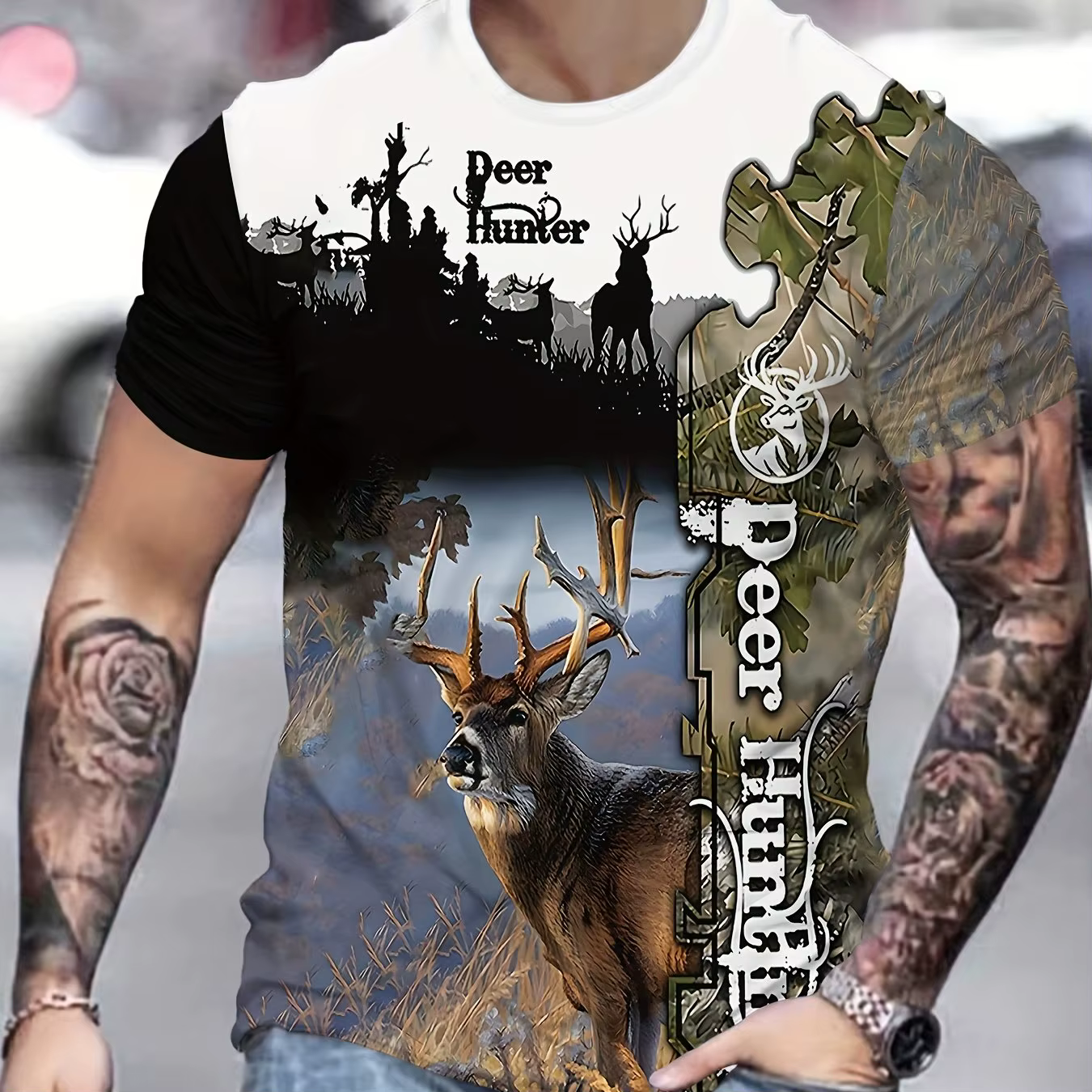 T-shirt décontracté pour homme à imprimé 3D cerf, col rond, manches courtes, style camouflage, motif