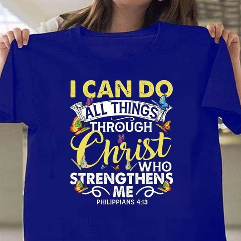 T-shirt manches courtes col rond femme, imprimé I Can Do All Thing Through Christ