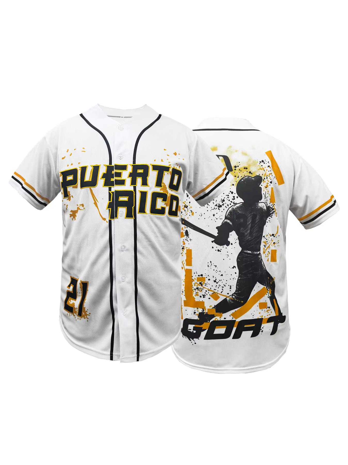 Porto Rico # Maillot de baseball unisexe 21 GOAT à manches courtes, boutonné, imprimé graphique, che