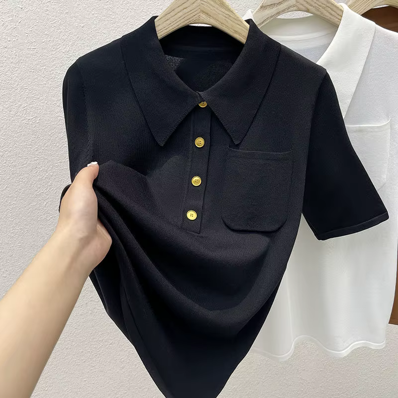 T-shirt POLO élégant à manches courtes, poches amples, Design, chemisiers d'été fins pour femmes, vê