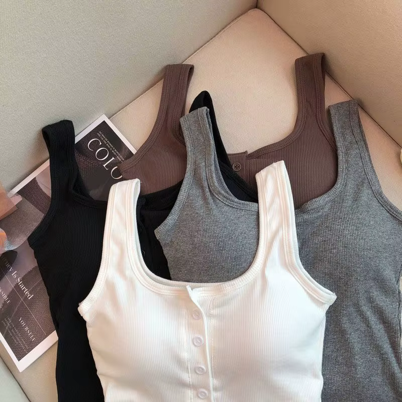 Camisole Slim sans manches à bretelles Spaghetti pour femmes, couleur unie, avec coussinet de poitri
