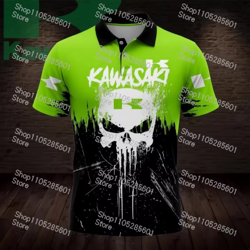 Polo à manches courtes imprimé de la marque Kawasaki, style sport décontracté pour les trajets quoti