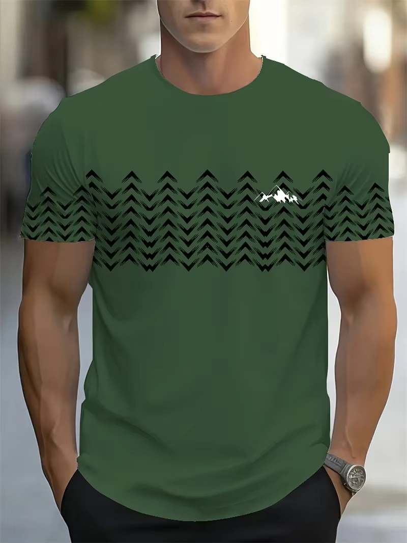 T-shirt vert à motif Chevron montagne pour homme, col rond décontracté, manches courtes, hauts géomé