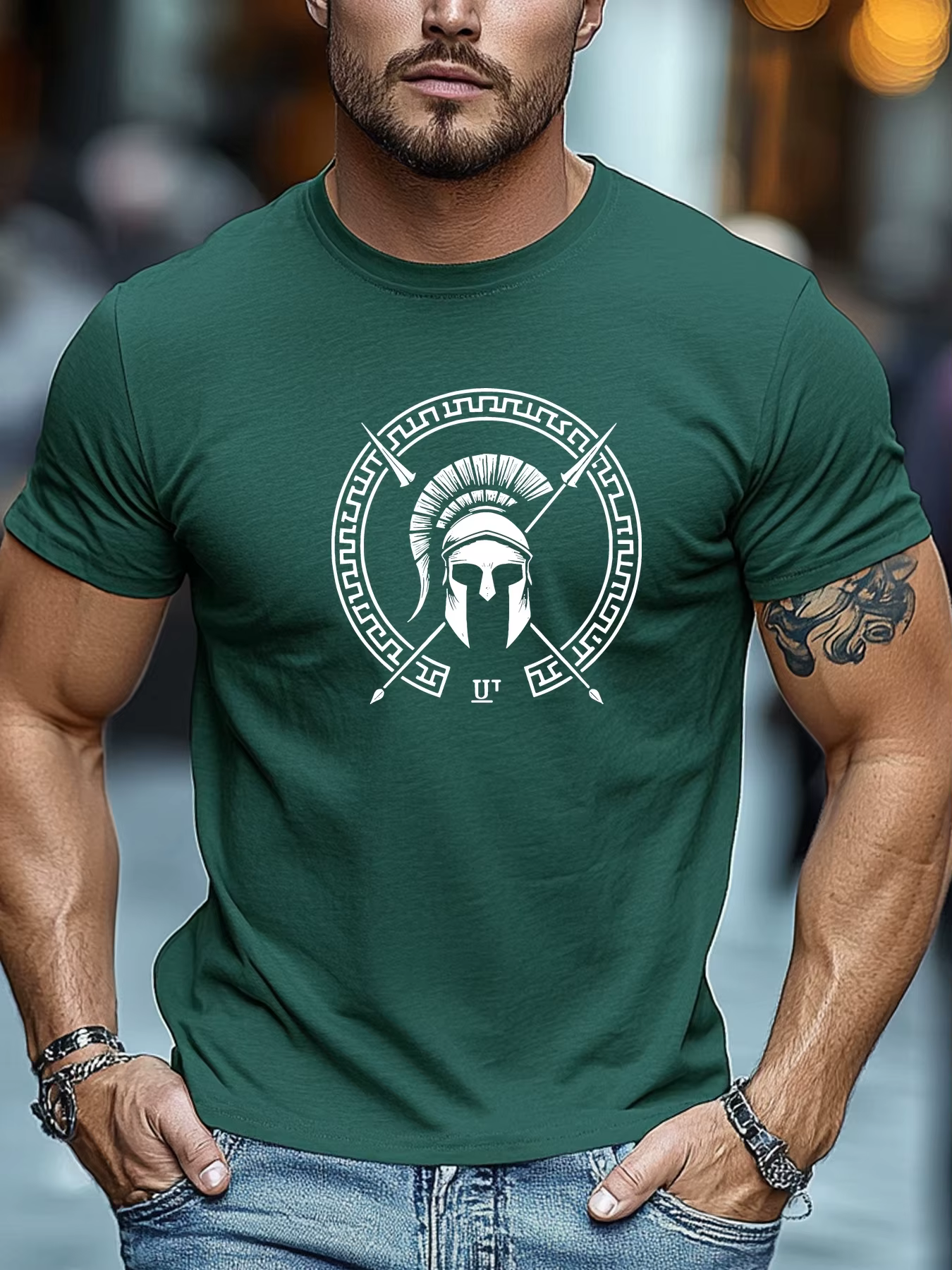 T-shirt d'été 100% pur coton pour hommes, décontracté, ample, motif casque Spartan imprimé, respiran