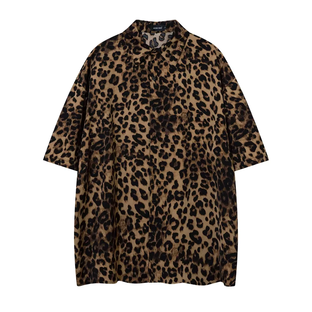 Chemise à manches courtes imprimé léopard pour hommes, chemises d'été à revers ample, simple boutonn