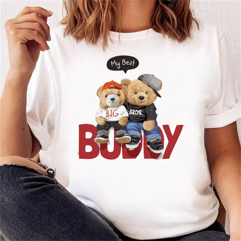 T-shirt à manches courtes pour femmes, vêtement tendance, décontracté, mignon, ours, à la mode, prin