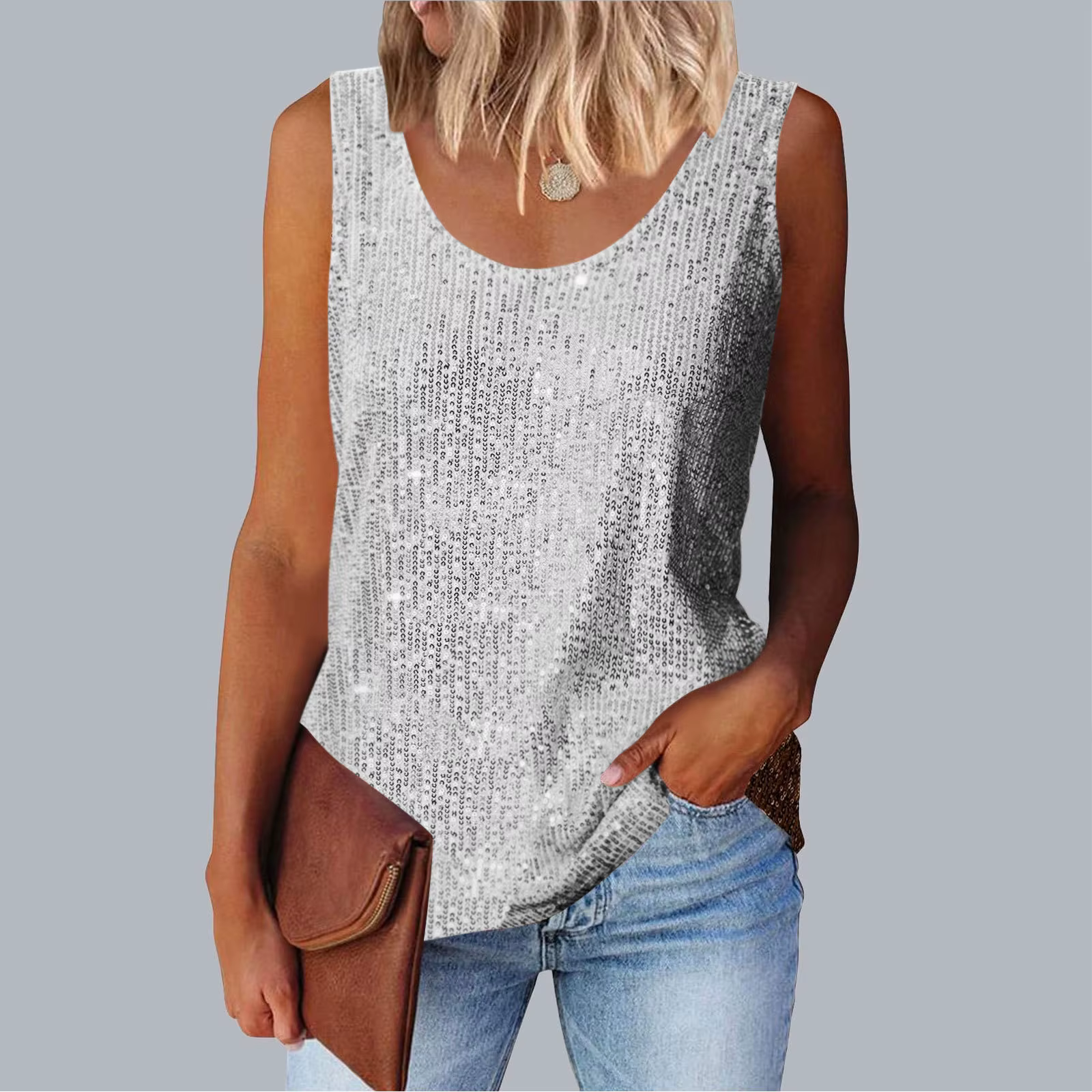 Débardeurs à paillettes or et argent pour femme, col en V, sans manches, style décontracté, pour sor