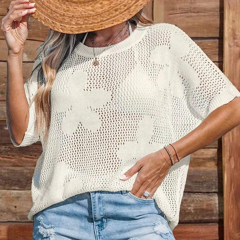 HELIAR T-shirt de plage ajouré pour femme, imprimé floral, col rond, tricoté, manches courtes, haut 