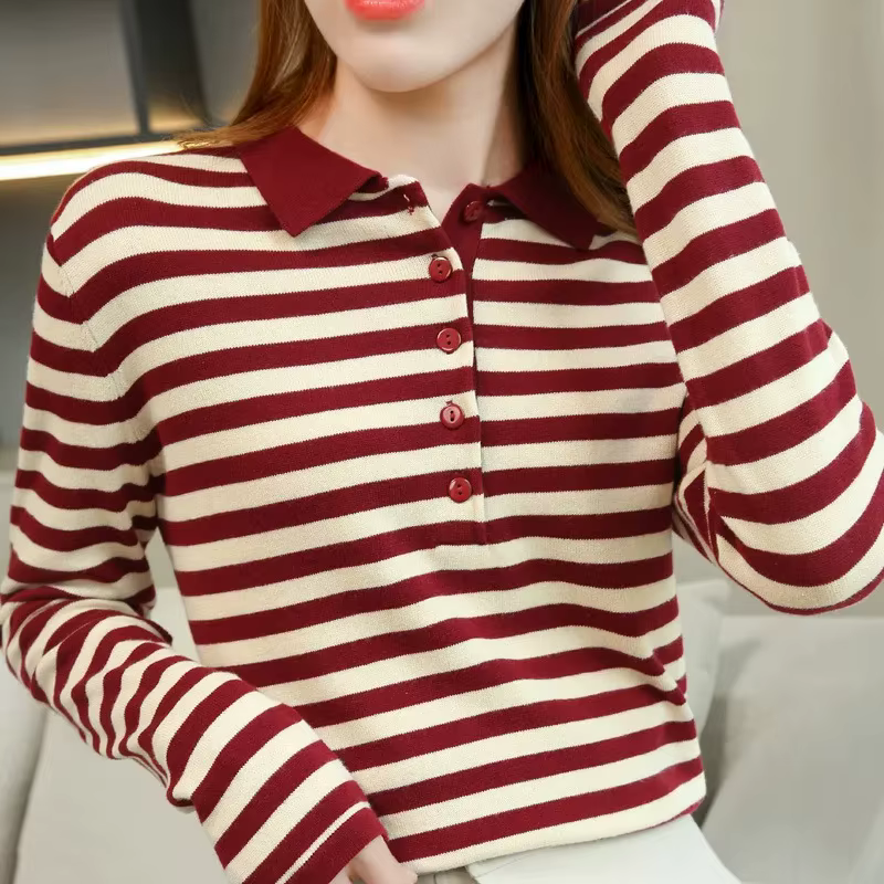 Chemise à rayures pour femmes, col polo, manches longues, t-shirt en coton tricoté ample, tendance p