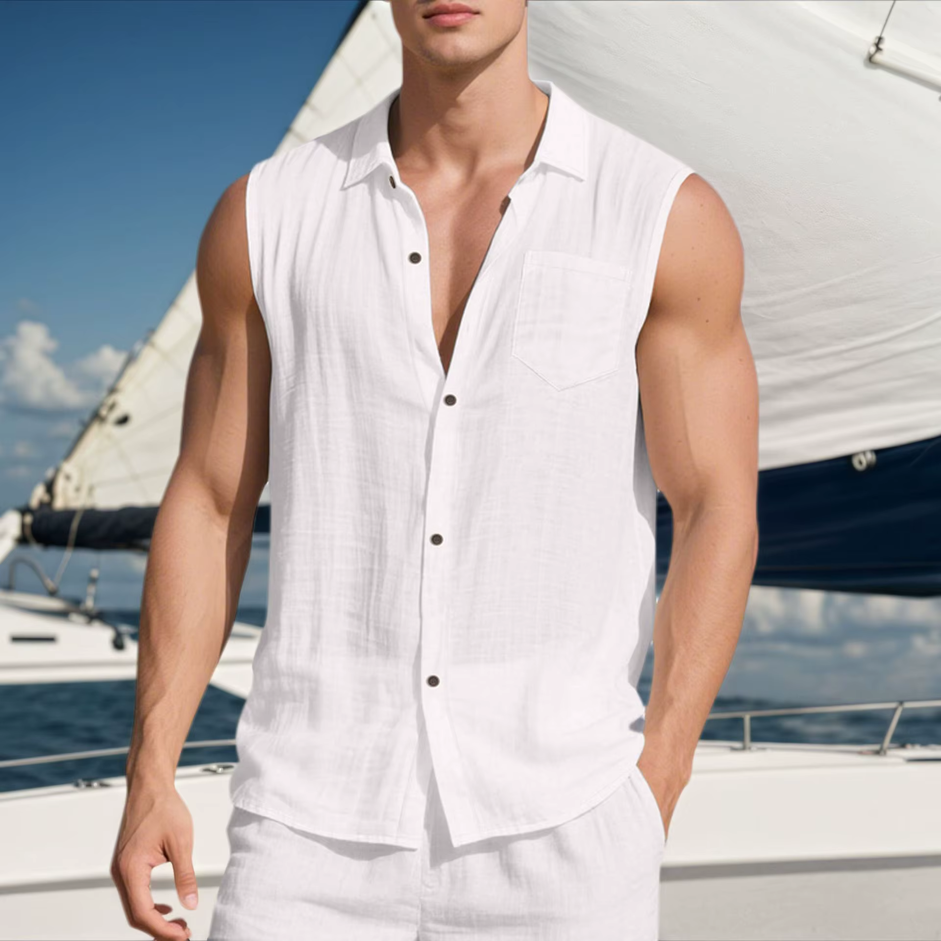 Chemise de plage décontractée sans manches en lin à col pour homme, style cardigan ouvert, nouvelle 