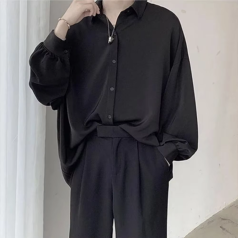 Chemises à manches longues pour hommes de Style coréen cravate noire confortable décontracté solide