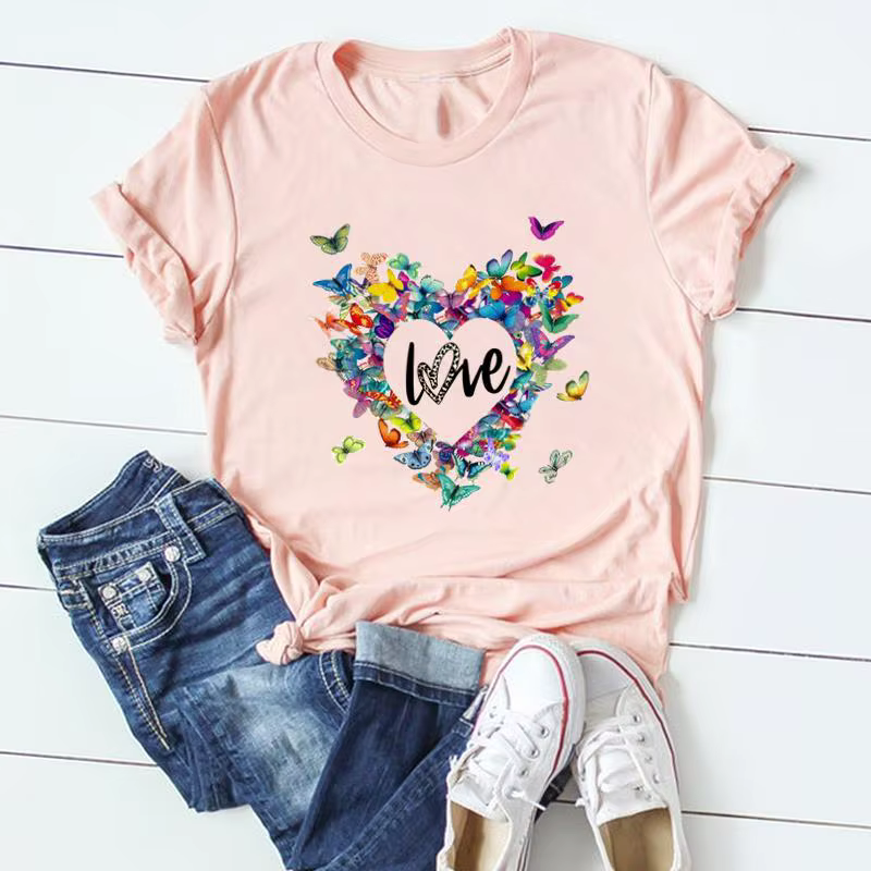 T-shirt à manches courtes imprimé papillon pour femmes, haut décontracté, vêtements européens et jeu