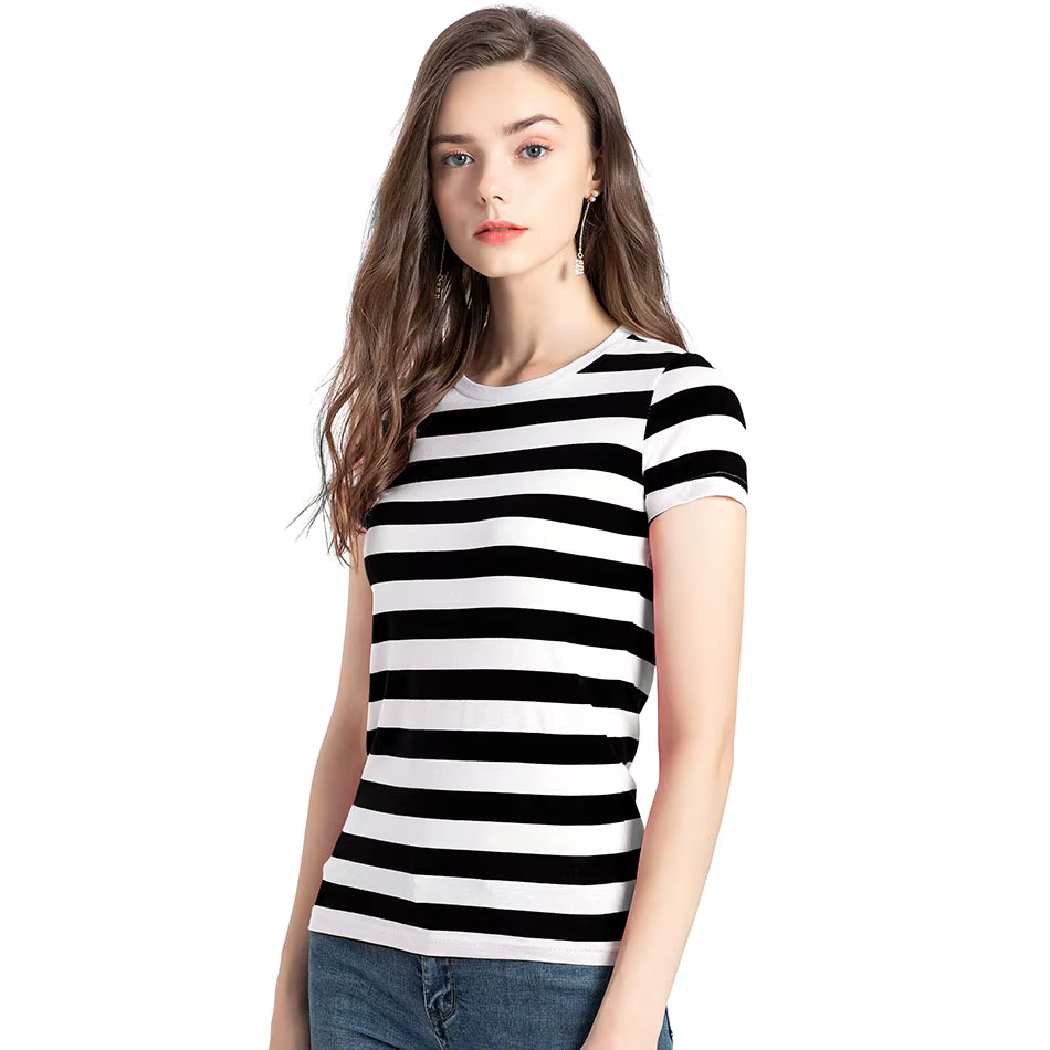 T-shirt rayé arc-en-ciel à manches courtes pour femmes, estival et Cool, noir et blanc