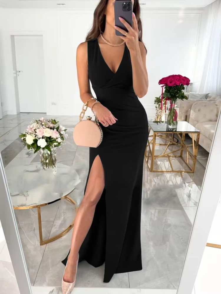 Robe élégante sans manches à col en V pour femmes, coupe ajustée, nouvelle mode estivale, robe de so