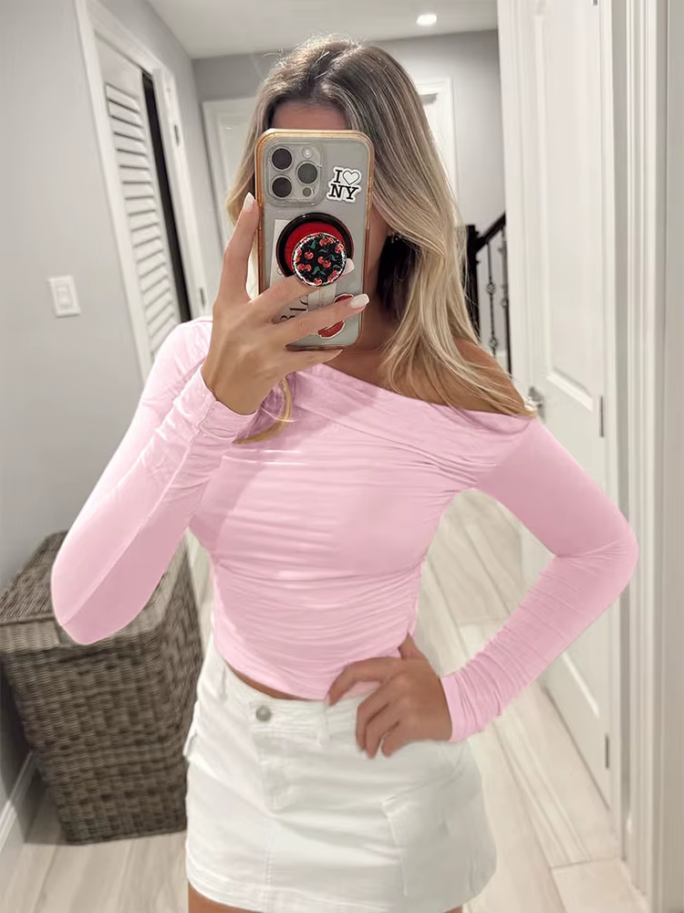 T-shirt rose sexy pour femme, nouvelle collection automne, streetwear tendance, manches longues, déc