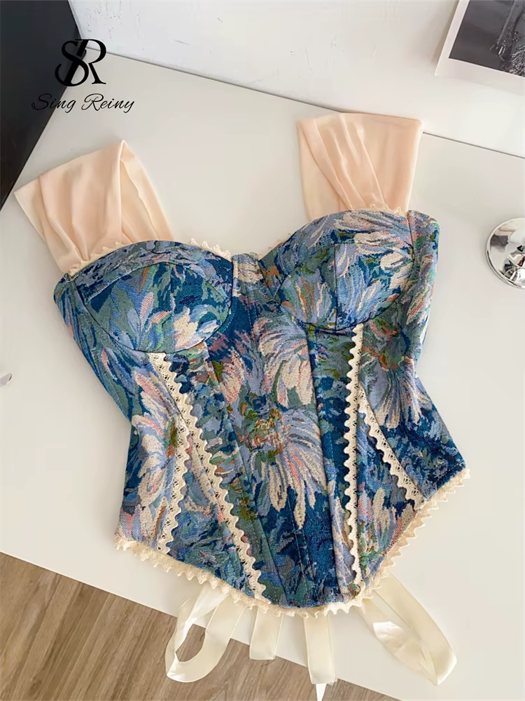 SINGREINY américain rétro imprimé soirée Camisole femme sangle dentelle épissé haut mince 2025 Stree