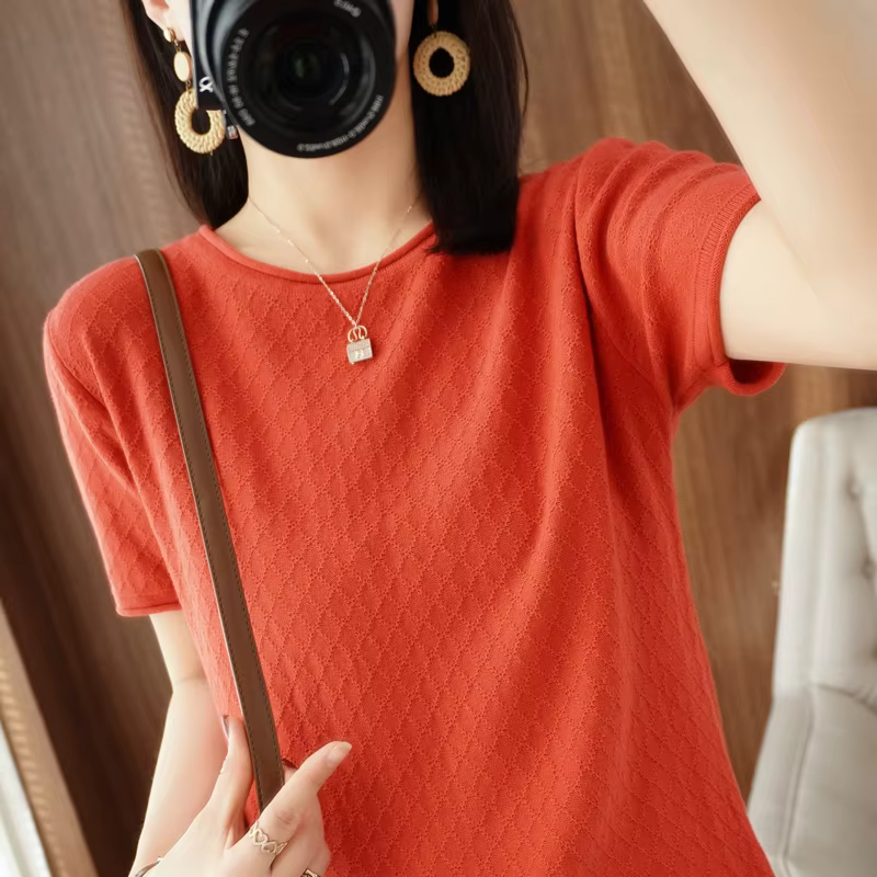 T-shirt femme printemps/été 100% coton pull à manches courtes décontracté roulé col rond dames hauts
