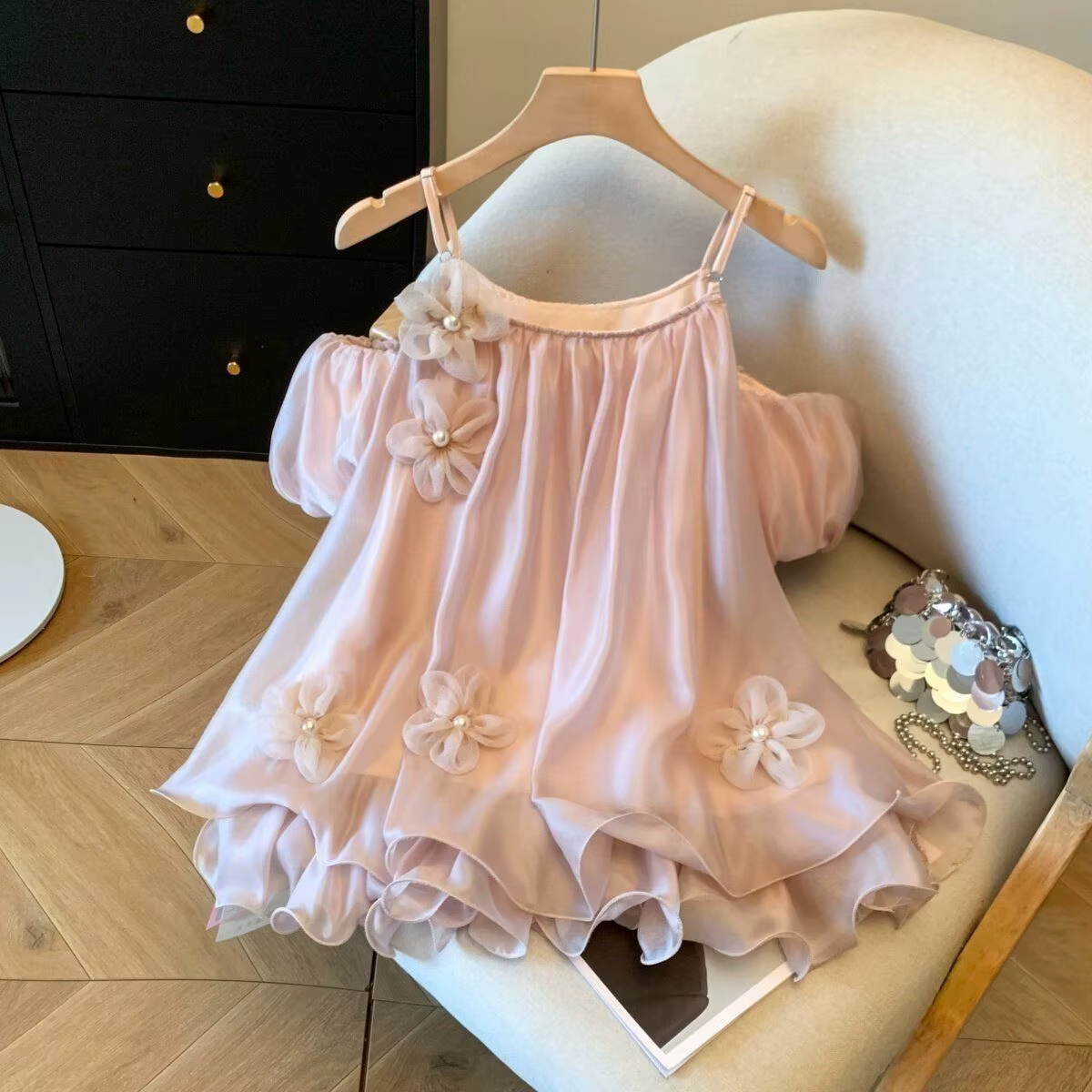 Chemisier en mousseline sexy à épaules dénudées pour femme, style super féerique à fleurs 3D, haut a