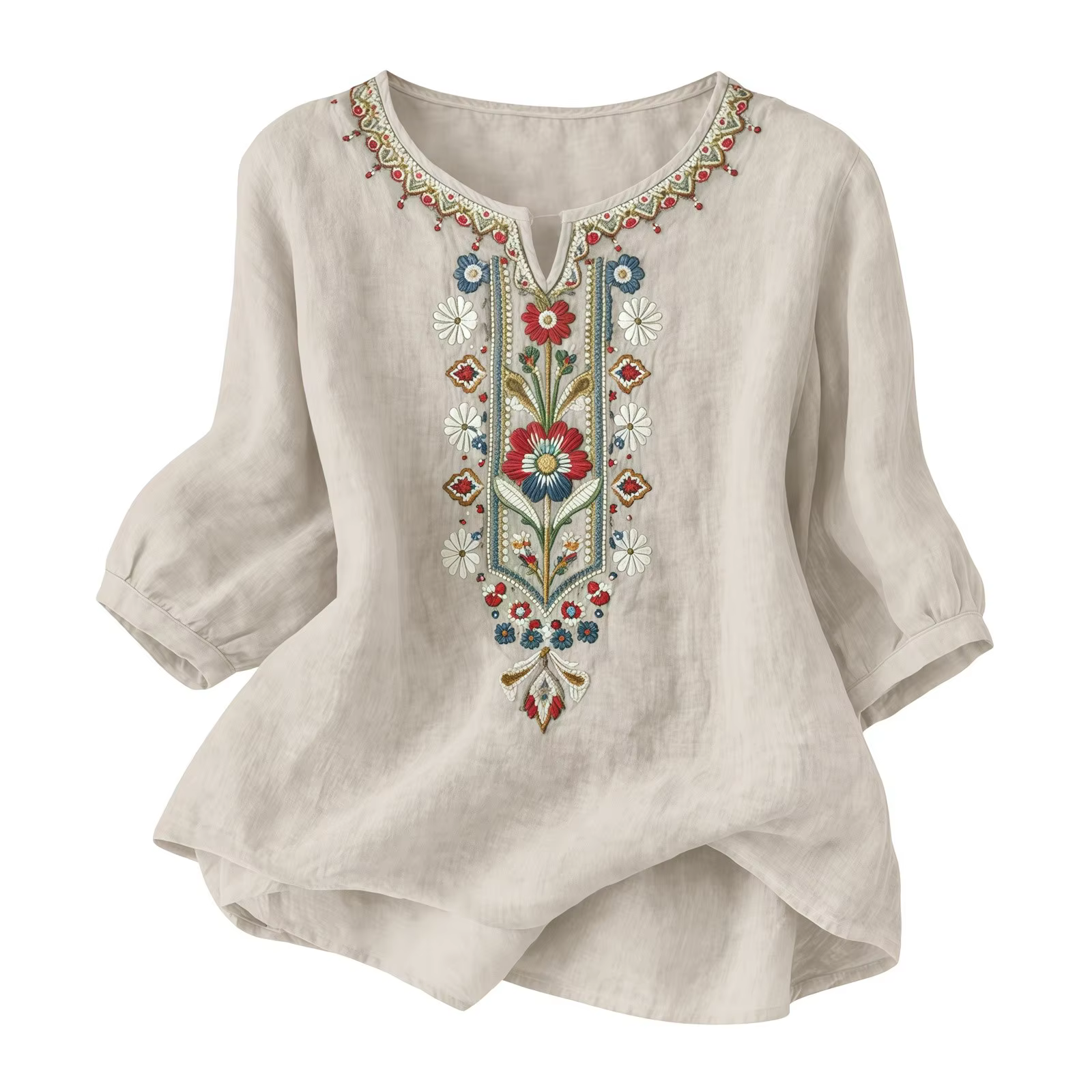 Chemise en lin pour femmes, chemises en lin pour femmes, broderie rétro, été, ample, manches 3/4, t-