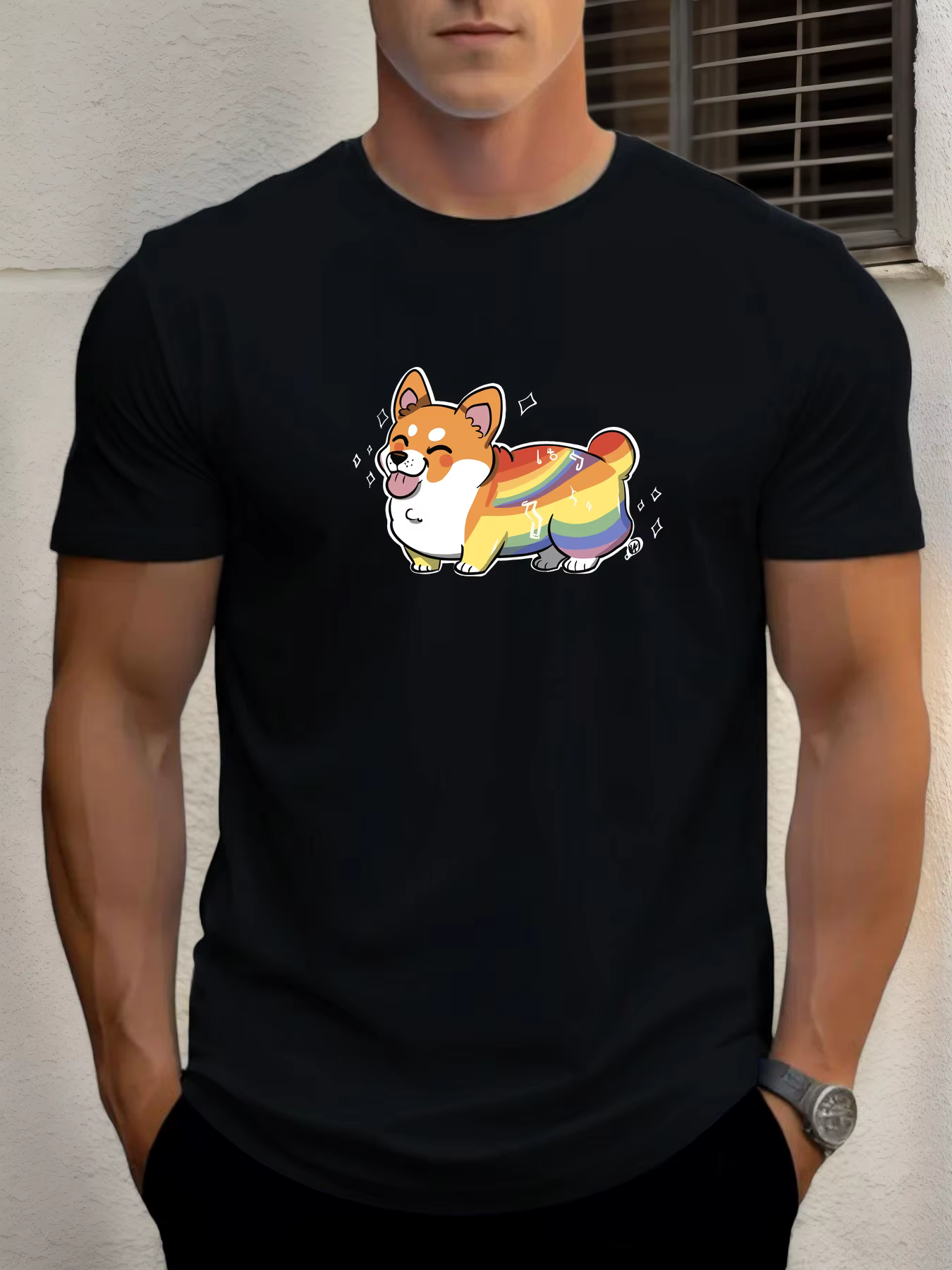 T-shirt pour hommes arc-en-ciel corgi 100 % coton imprimé graphique été col rond t-shirt décontracté