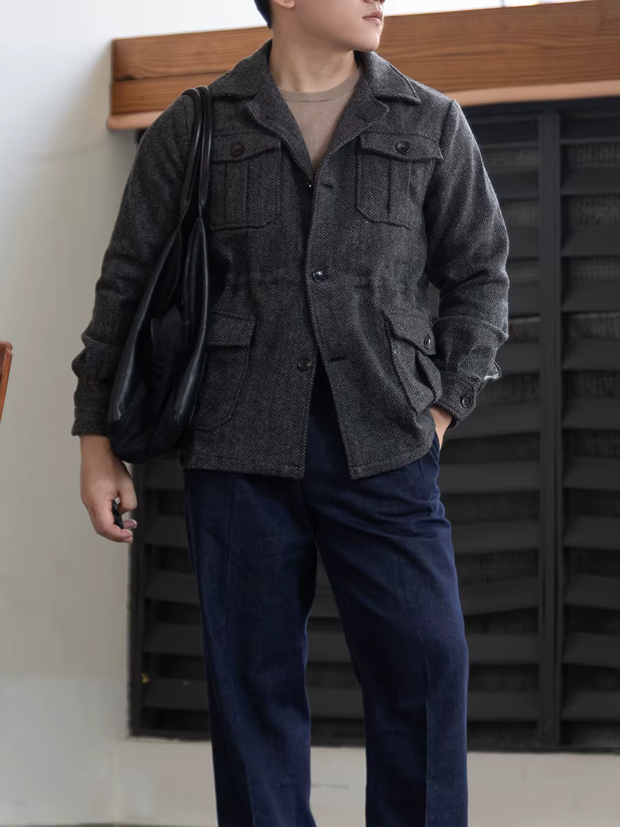 Veste de chasse en tweed à os de poisson en pure laine faite maison, style classique en flanelle, st