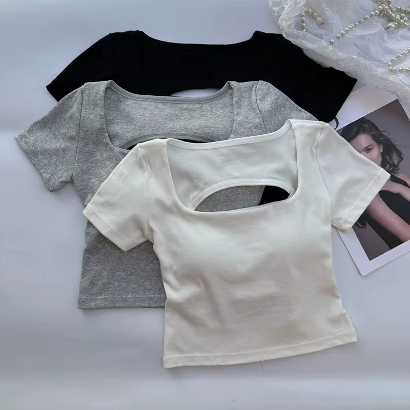 T-shirt femme vêtements encolure carrée hauts à manches courtes haut court avec soutiens-gorge pour 