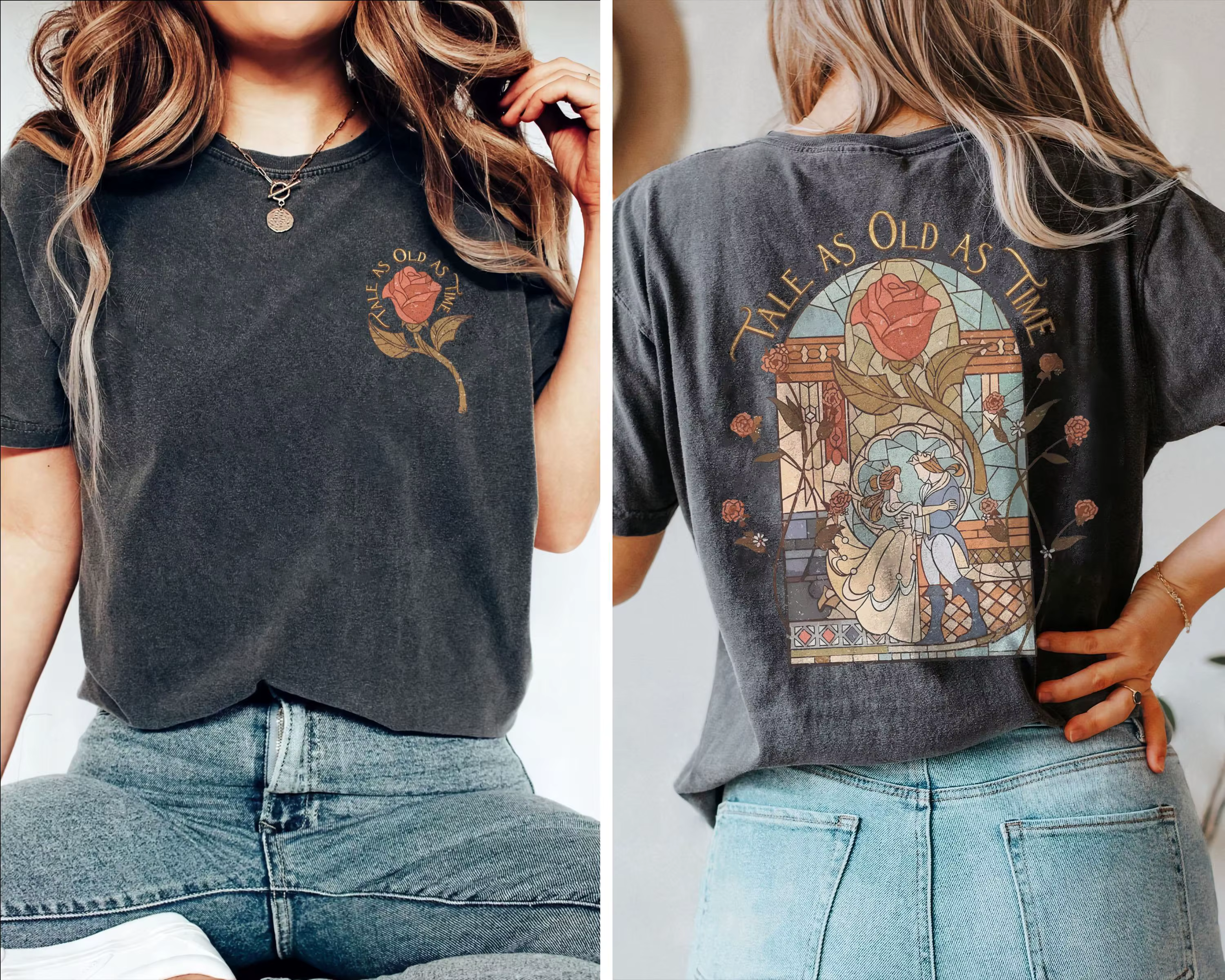 T-Shirt rétro Disney la Belle et la Bête pour femmes, Vintage, en coton, manches courtes, unisexe, S