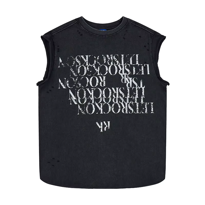 Débardeurs imprimés déchirés pour hommes, style streetwear hip-hop, t-shirts sans manches, effet vin