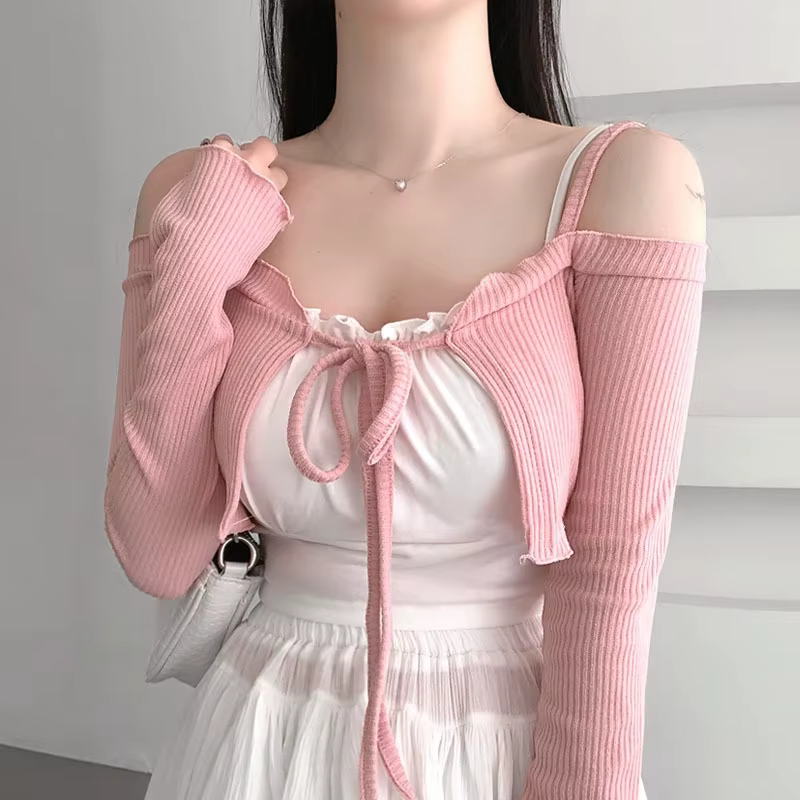 Mode rose Sexy femmes épaules nues à lacets manteaux corée printemps été nouveau doux Cardigan court