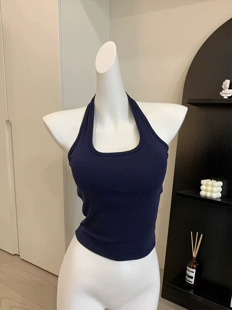 Nouveau coton bleu côtelé tricoté Sexy hauts col été chemises de base maigre mince Sport gilet décon