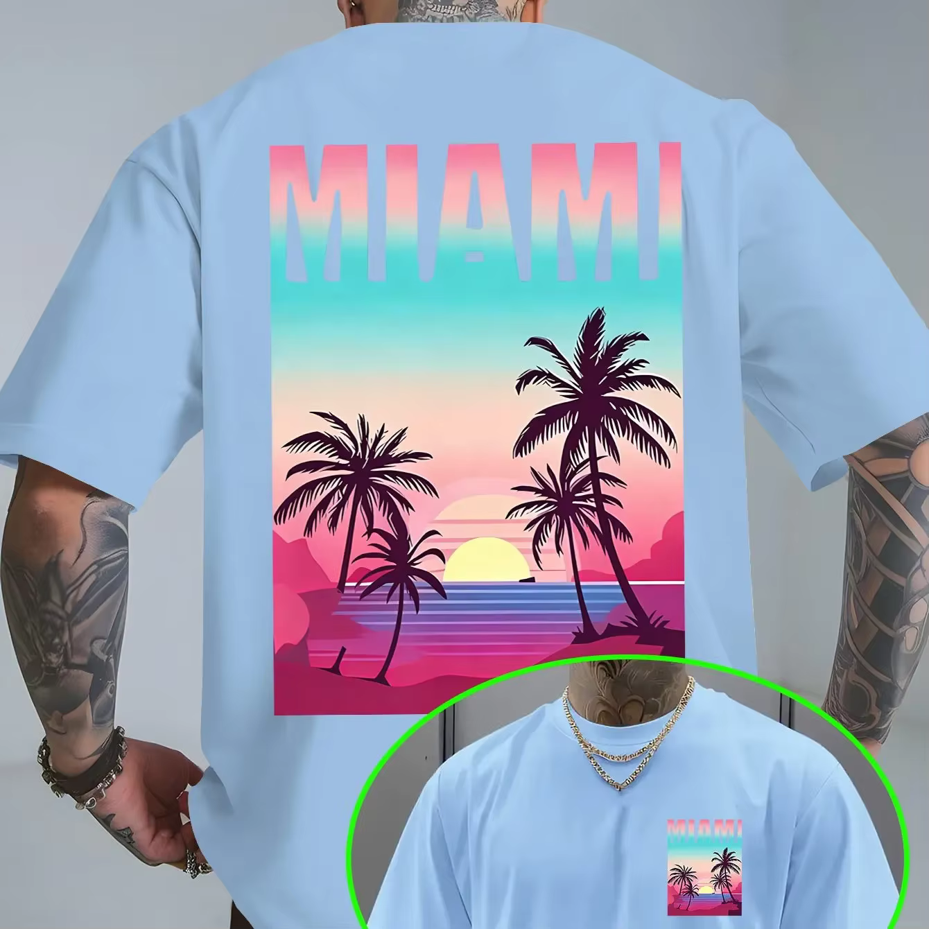 T-shirt pour homme en coton 100% pur respirant, dégradé néon MIAMI, scène de plage, un haut polyvale