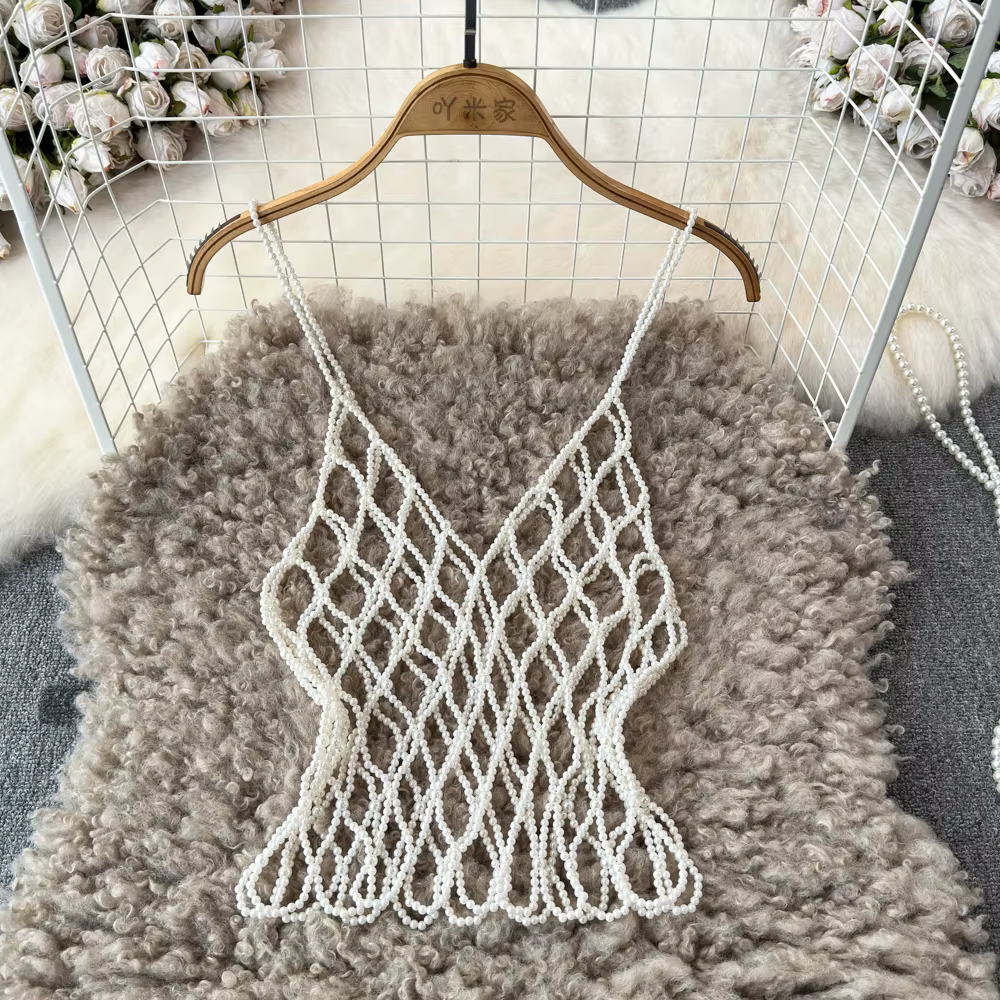 Camisole évidée en perles pour femmes, haut chic et précieux, vêtements d'extérieur faits à la main,