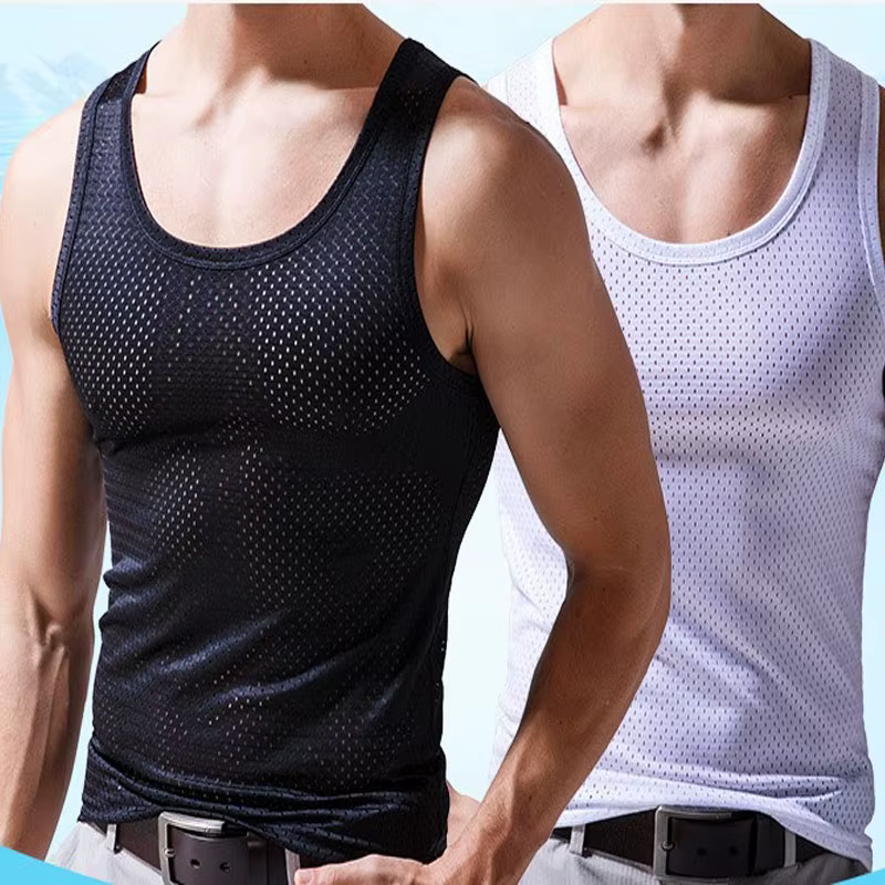 Nouveaux hommes maille gilet glace soie séchage rapide musculation débardeurs Fitness Muscle sans ma