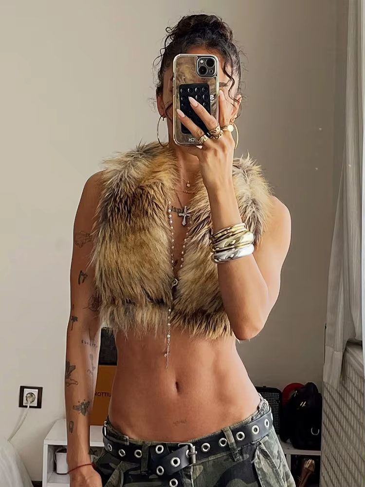 Cutenew mince fourrure licou débardeur femmes Sexy dos nu léopard Simple sauvage gothique Punk Hotti