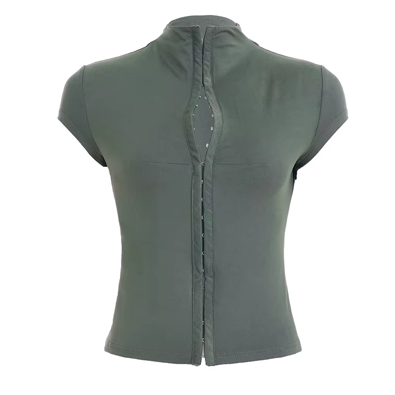 T-shirt court ajusté Y2K SUCHCUTE pour femme, uni, à manches courtes, boutonné sur le devant, style