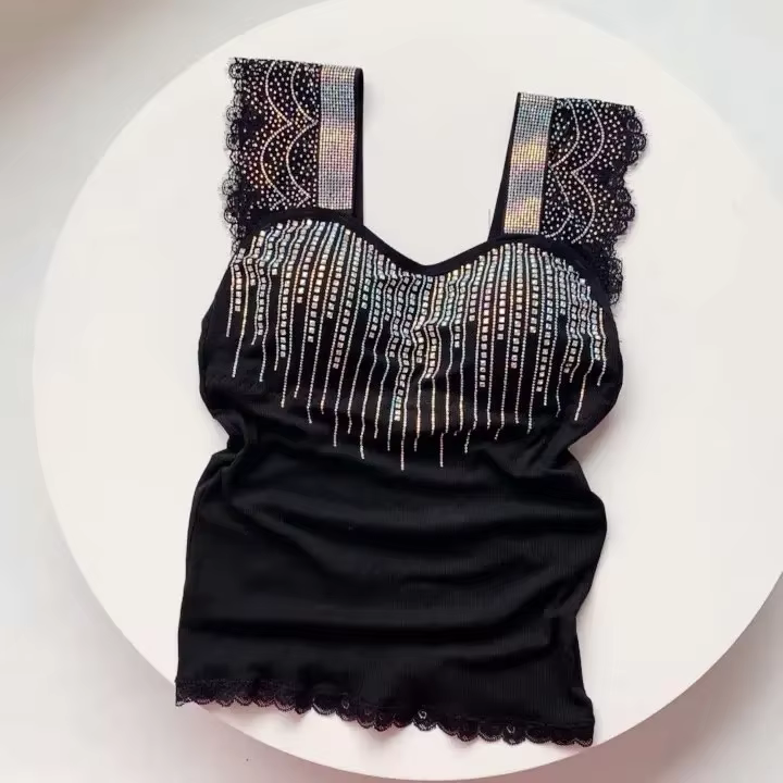 Débardeur rembourré sans manches pour femme, bling-bling, pierres précieuses, bling-bling, top sexy