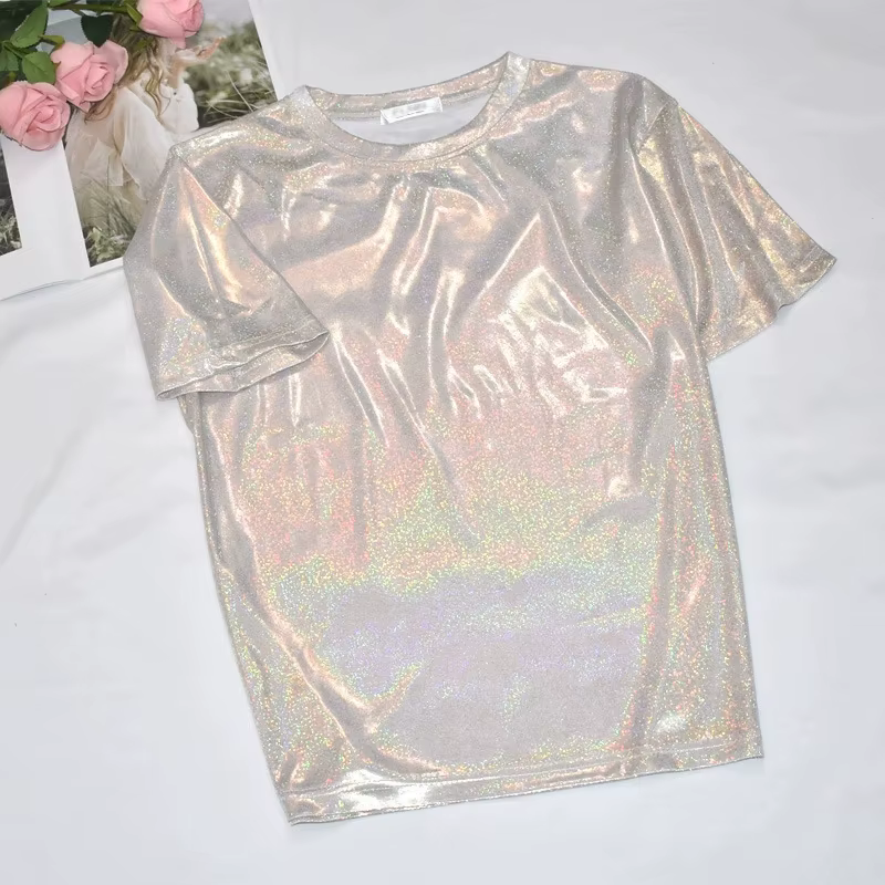 T-shirt manches courtes femme, estival et élégant, en soie brillante, ample, sexy, esthétique, haraj